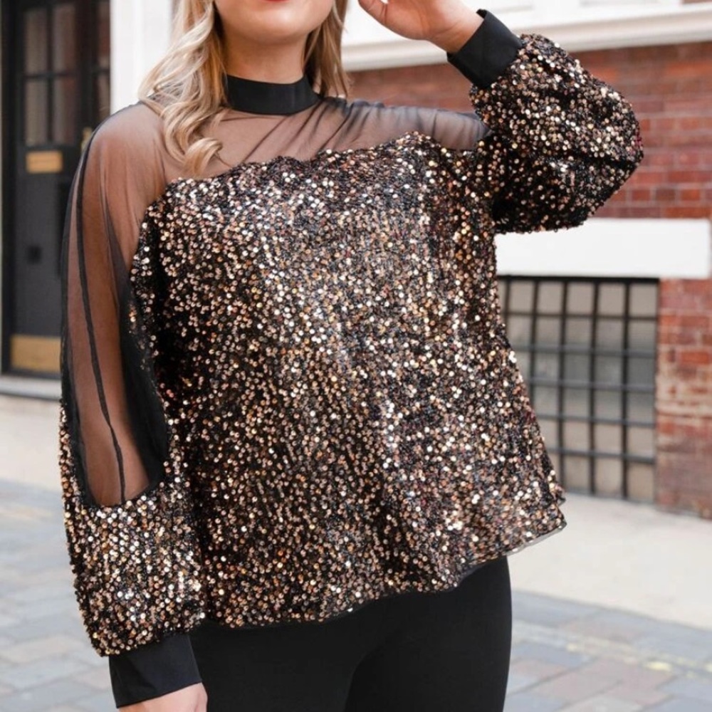 GORGEOUS Shein Plus Sheer Mesh  Rose Gold Sequin Top NWOT - Picture 4 of 7